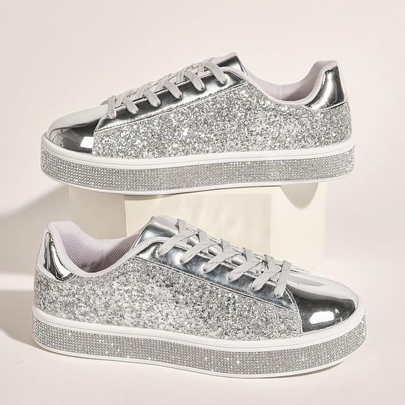 Silver Glitter Sneakers Women’s Sparkly Rhinestone Tennis Shoes 7 New - Picture 3 of 5